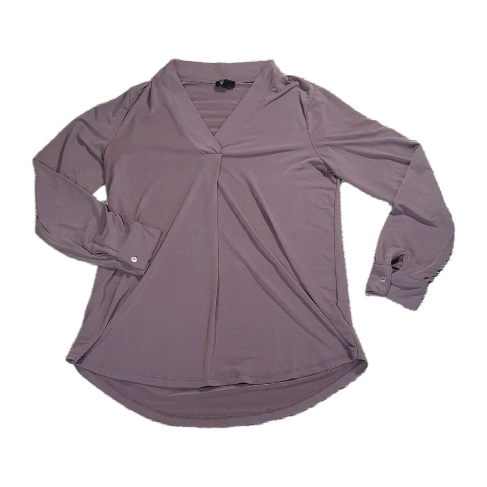 Jones New York Signature Mauve V-Neck Pleat Front Long Sleeve Blouse Top Medium